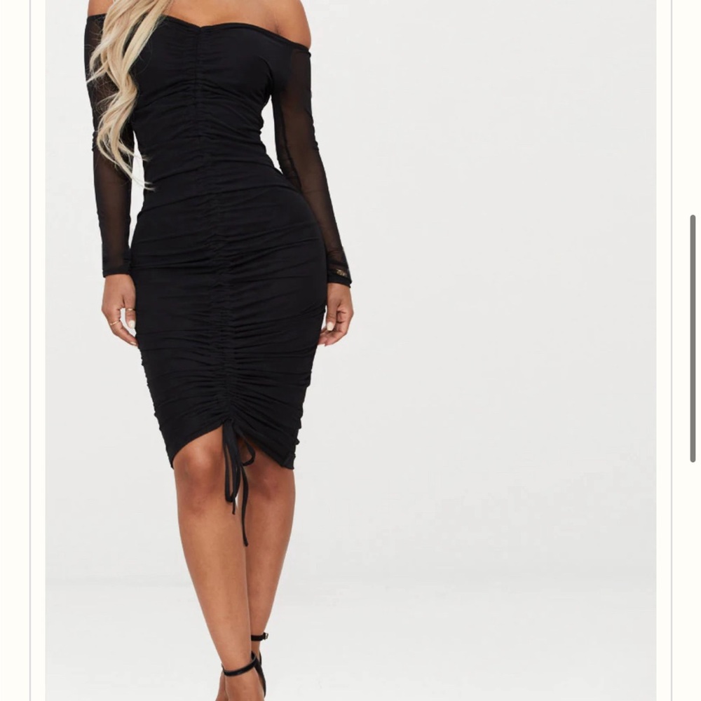 PrettyLittleThing Black Off-Shoulder Ruched Bodycon Dress
